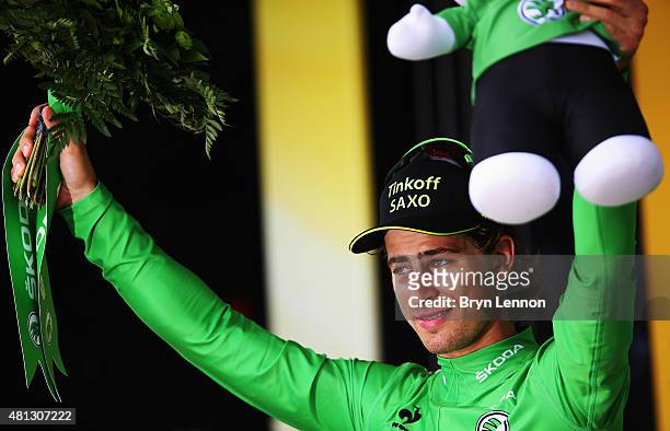 Peter Sagan of Slovakia and Tinkoff-Saxo celebrates retaining the green points jersey at the finish of Stage 15 of the Tour de France, a 183km...