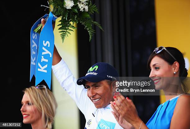 Nairo Alexander Quintana Rojas of Colombia and Movistar Team celebrates retaining the young riders white jersey at the finish of Stage 15 of the Tour...