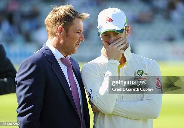 Former cricketer Shane Warne speaks with Australian captain Michael Clarke after winning the 2nd Investec Ashes Test match between England and...