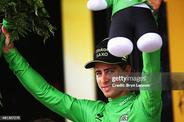 Peter Sagan of Slovakia and Tinkoff-Saxo celebrates retaining the green points jersey at the finish of Stage 15 of the Tour de France, a 183km...
