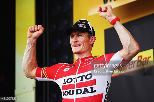 Andre Greipel of Germany and Lotto-Soudal celebrates winning Stage 15 of the Tour de France, a 183km rolling stage from Mende to Valence, on July 19,...