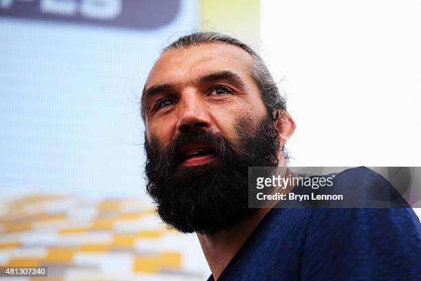 French rugby player Sebastien Chabal is seen on the podium at the end of Stage 15 of the Tour de France, a 183km rolling stage from Mende to Valence,...