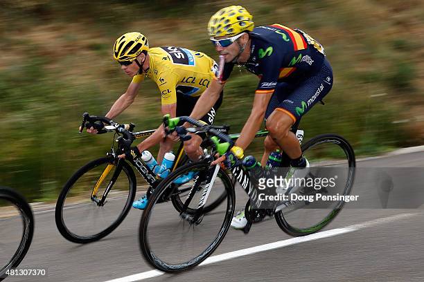 Chris Froome of Great Britain riding for Team Sky in the overall race leader yellow jersey and Alejandro Valverde of Spain riding for Movistar Team...