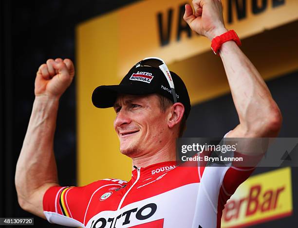 Andre Greipel of Germany and Lotto-Soudal celebrates winning Stage 15 of the Tour de France, a 183km rolling stage from Mende to Valence, on July 19,...