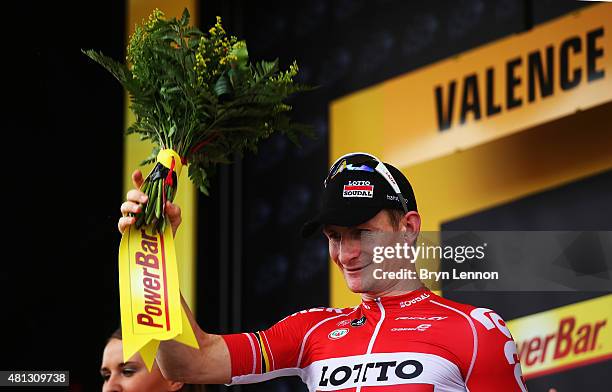 Andre Greipel of Germany and Lotto-Soudal celebrates winning Stage 15 of the Tour de France, a 183km rolling stage from Mende to Valence, on July 19,...