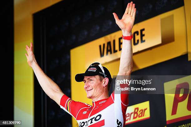 Andre Greipel of Germany and Lotto-Soudal celebrates winning Stage 15 of the Tour de France, a 183km rolling stage from Mende to Valence, on July 19,...