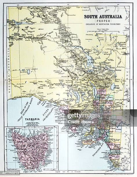 antike karte von südaustralien und tasmanien - south australia stock-grafiken, -clipart, -cartoons und -symbole