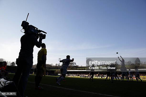 Camera filming the match during the Aviva Premiership match between London Wasps and Saracens at Adams Park on March 29, 2014 in High Wycombe,...