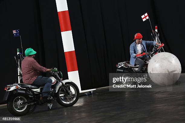 Shane Jacobson and James May during Clarkson, Hammond and May Live! at Perth Arena on July 19, 2015 in Perth, Australia.