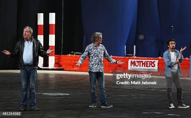 Jeremy Clarkson, James May and Richard Hammond during Clarkson, Hammond and May Live! at Perth Arena on July 19, 2015 in Perth, Australia.