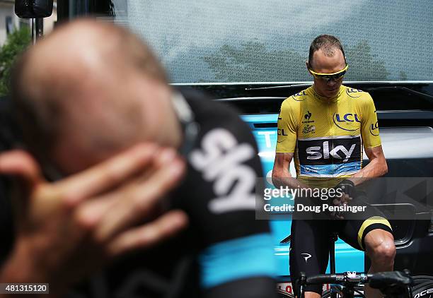 Chris Froome of Great Britain and Team Sky prepares for the start of Stage 15 of the Tour de France, a 183km rolling stage from Mende to Valence, on...