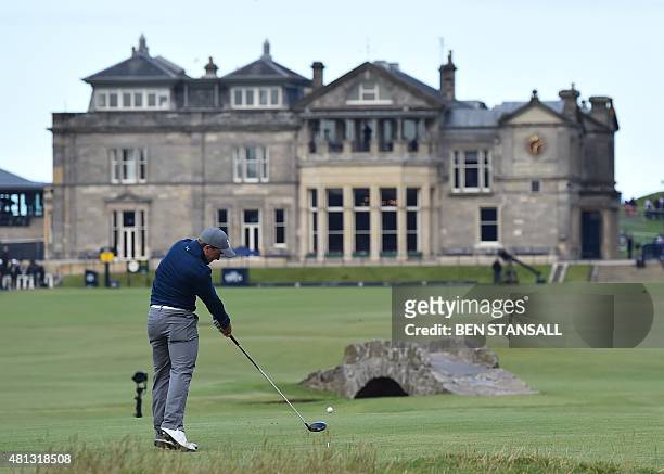Ireland's amateur golfer Paul Dunne plays towards the clubhouse from the 18th tee during his third round 66, on day four of the 2015 British Open...