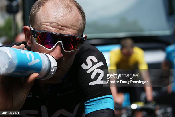 Ian Stannard and Chris Froome of Great Britain and Team Sky prepare for the start of Stage 15 of the Tour de France, a 183km rolling stage from Mende...