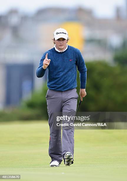 Eddie Pepperell of England reacts to his putt for birdie on the 16th hole during the third round of the 144th Open Championship at The Old Course on...
