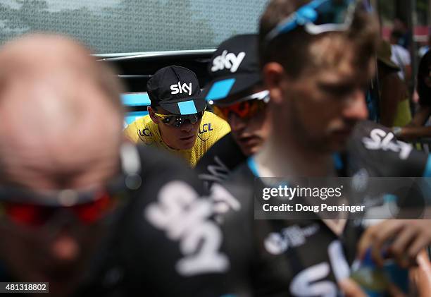 Chris Froome of Great Britain and Team Sky prepares with team-mates for the start of Stage 15 of the Tour de France, a 183km rolling stage from Mende...