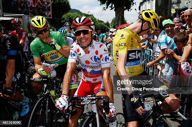Peter Sagan of Slovakia and Tinkoff-Saxo, Joaquin Rodriguez Oliver of Spain and Team Katusha and Chris Froome of Great Britain and Team Sky prepare...