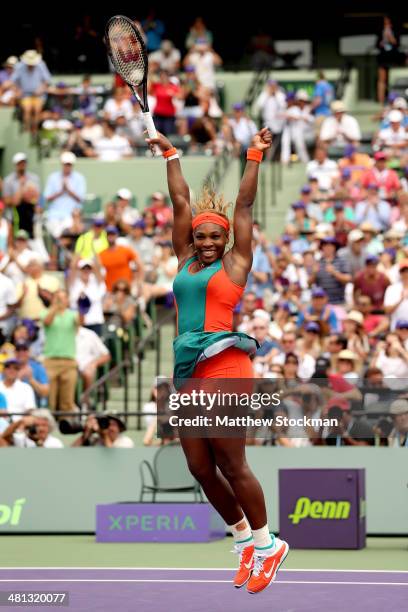 Serena Williams celebrates match point against Li Na of China during the final of the Sony Open at the Crandon Park Tennis Center on March 29, 2014...