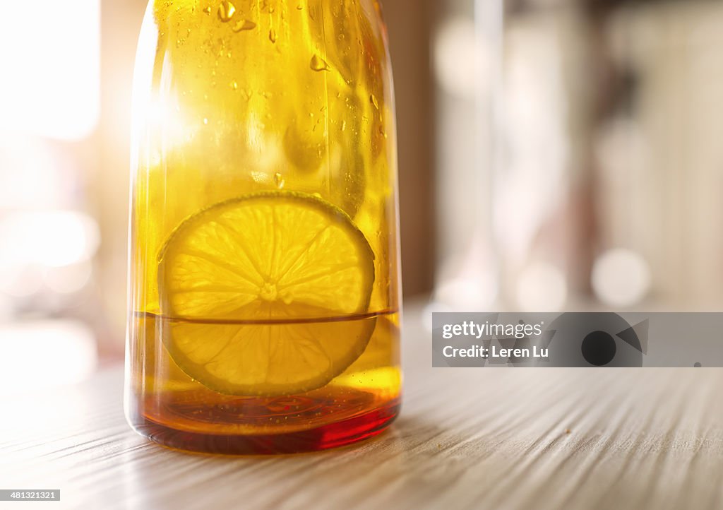 Lemon slice soaking in bottle