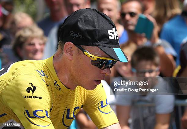 Chris Froome of Great Britain and Team Sky prepares for the start of Stage 15 of the Tour de France, a 183km rolling stage from Mende to Valence, on...