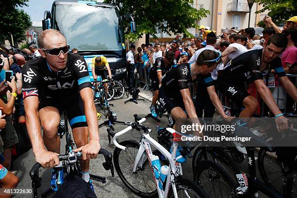 Ian Stannard and Chris Froome of Great Britain and Team Sky prepare for the start of Stage 15 of the Tour de France, a 183km rolling stage from Mende...