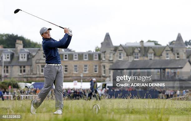 Ireland's amateur golfer Paul Dunne watches his shot from the 2nd tee during his third round, on day four of the 2015 British Open Golf Championship...