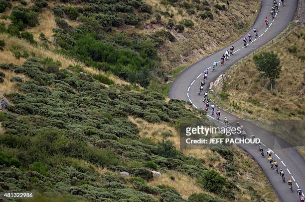 The pack rides during the 183 km fifteenth stage of the 102nd edition of the Tour de France cycling race on July 19 between Mende and Valence,...