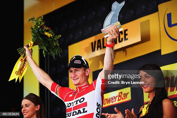 Andre Greipel of Germany and Lotto-Soudal celebrates winning Stage 15 of the Tour de France, a 183km rolling stage from Mende to Valence, on July 19,...