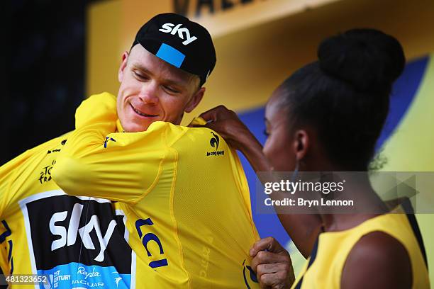 Chris Froome of Great Britain and Team Sky celebrates retaining the overall leaders yellow jersey at the finish of Stage 15 of the Tour de France, a...