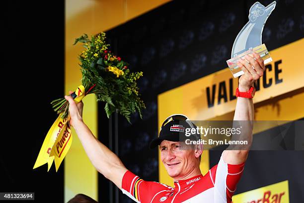 Andre Greipel of Germany and Lotto-Soudal celebrates winning Stage 15 of the Tour de France, a 183km rolling stage from Mende to Valence, on July 19,...