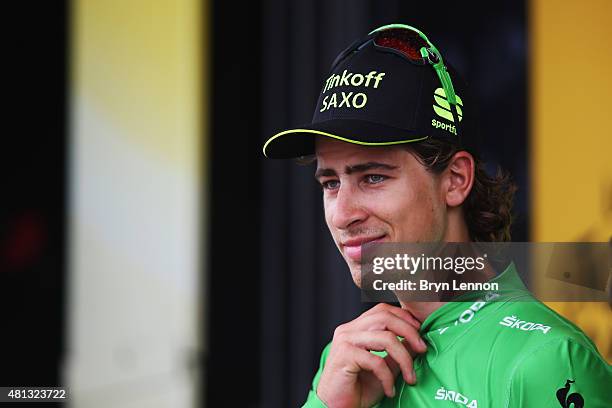 Peter Sagan of Slovakia and Tinkoff-Saxo celebrates retaining the green points jersey at the finish of Stage 15 of the Tour de France, a 183km...