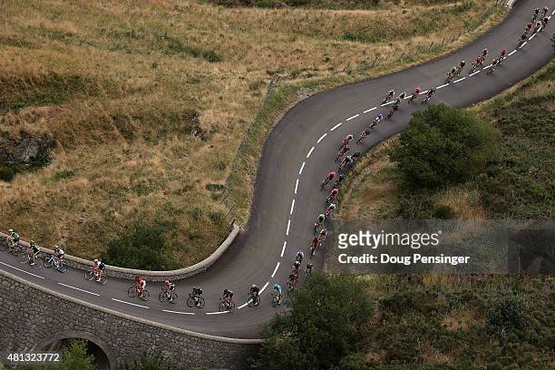 The peloton makes the descent of the Col de la Croix de Bauzon during stage 15 of the 2015 Tour de France from Mende to Valence on July 19, 2015 in...