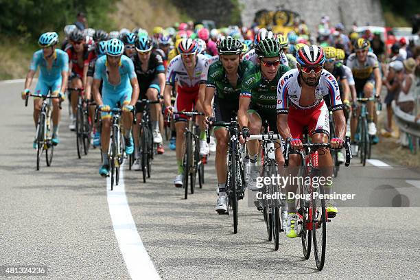 Giampaolo Caruso of Italy riding for Team Katusha rides at the front of the peloton and is followed by Thomas Voeckler of France riding for Team...