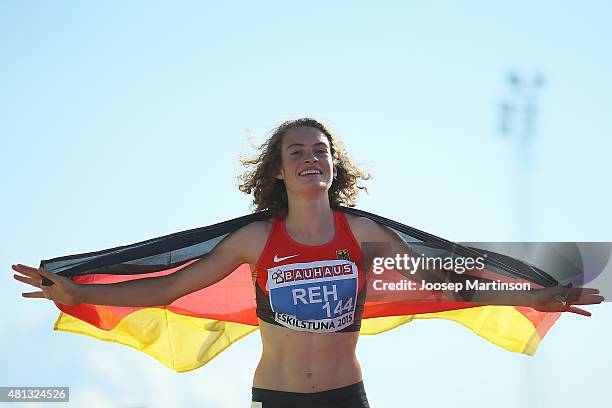 Alina Reh of Germany celebrates winning the WomenÕs 5000m final at Ekangen Arena on July 19, 2015 in Eskilstuna, Sweden.