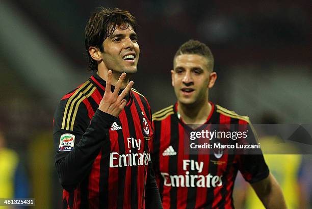 Ricardo Kaka of AC Milan celebrates after scoring his goal during the Serie A match between AC Milan and AC Chievo Verona at San Siro Stadium on...