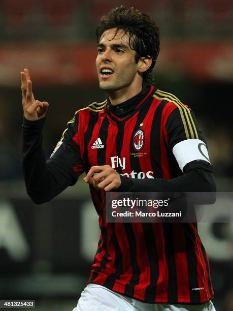 Ricardo Kaka of AC Milan celebrates after scoring his goal during the Serie A match between AC Milan and AC Chievo Verona at San Siro Stadium on...