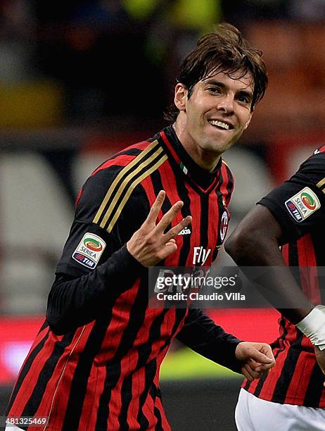 Kaka of AC Milan celebrates scoring the second goal during the Serie A match between AC Milan and AC Chievo Verona at San Siro Stadium on March 29,...