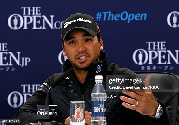 Jason Day of Australia its interviewed by the media during a press conference after his third round of the 144th Open Championship at The Old Course...