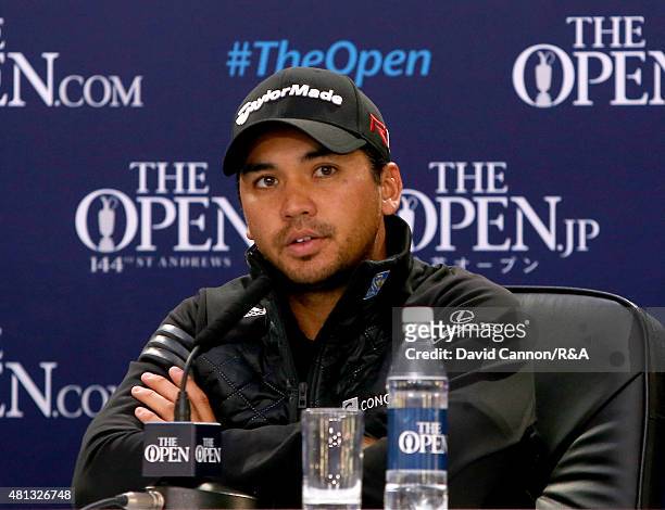 Jason Day of Australia its interviewed by the media during a press conference after his third round of the 144th Open Championship at The Old Course...