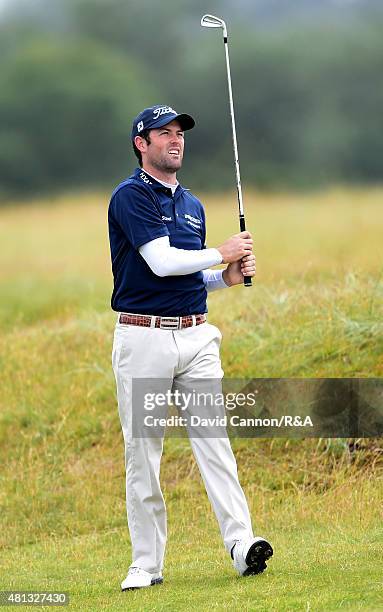 Robert Streb of the United States watches his second shot on the fifth hoel during the third round of the 144th Open Championship at The Old Course...