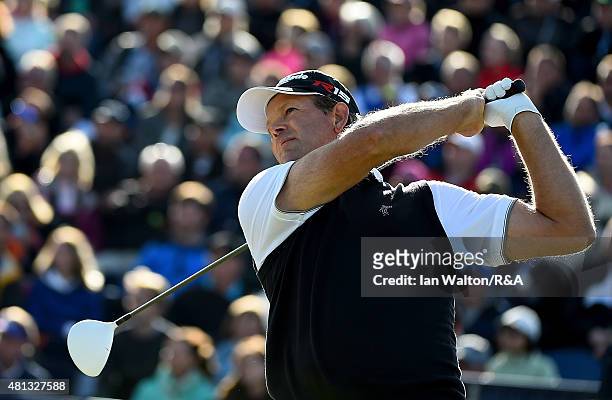 Retief Goosen of South Africa hits his tee shot on the 17th hole during the third round of the 144th Open Championship at The Old Course on July 19,...