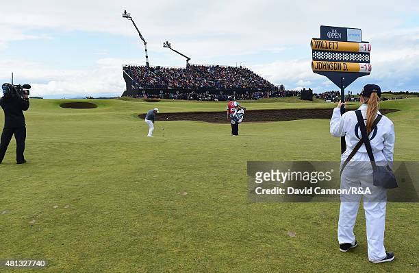 Danny Willett of England hits a shot on the seventh hole during the third round of the 144th Open Championship at The Old Course on July 19, 2015 in...