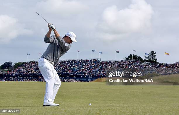 Luke Donald of England htis his second shot on the 17th hole during the third round of the 144th Open Championship at The Old Course on July 19, 2015...