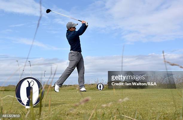 Amateur Paul Dunne of Ireland hits his tee shot on the 15th hole during the third round of the 144th Open Championship at The Old Course on July 19,...
