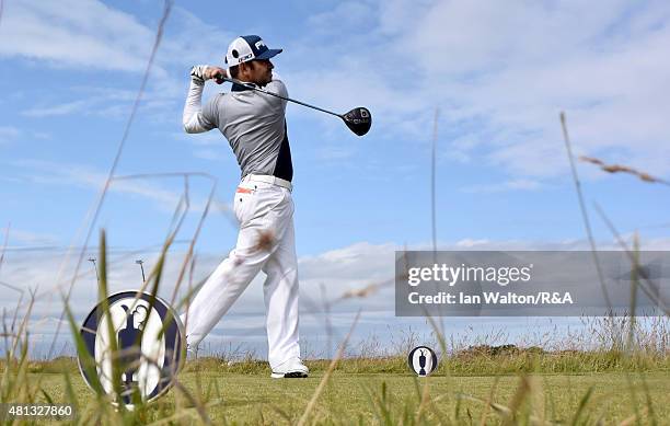 Louis Oosthuizen of South Africa hits his tee shot on the 15th hole during the third round of the 144th Open Championship at The Old Course on July...