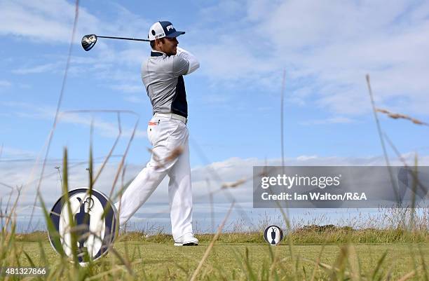 Louis Oosthuizen of South Africa hits his tee shot on the 15th hole during the third round of the 144th Open Championship at The Old Course on July...