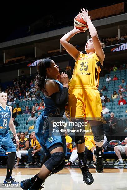 Jordan Hooper of the Tulsa Shock takes a shot against the Minnesota Lynx on July 19, 2015 at the BOK Center in Tulsa, Oklahoma. NOTE TO USER: User...