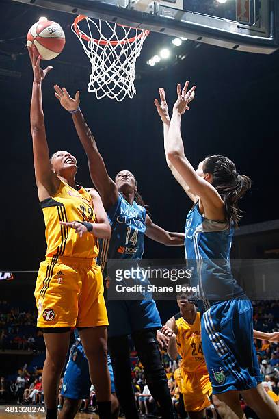 Plenette Pierson of the Tulsa Shock goes up for a shot against the Minnesota Lynx on July 19, 2015 at the BOK Center in Tulsa, Oklahoma. NOTE TO...