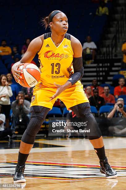 Karima Christmas of the Tulsa Shock handles the ball against the Minnesota Lynx on July 19, 2015 at the BOK Center in Tulsa, Oklahoma. NOTE TO USER:...