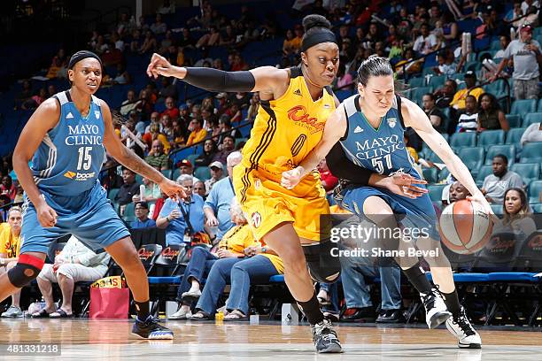 Anna Cruz of the Minnesota Lynx handles the ball against the Tulsa Shock on July 19, 2015 at the BOK Center in Tulsa, Oklahoma. NOTE TO USER: User...