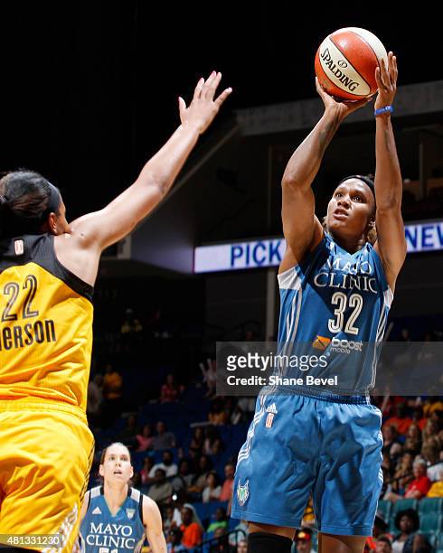 Rebekkah Brunson of the Minnesota Lynx takes a shot against the Tulsa Shock on July 19, 2015 at the BOK Center in Tulsa, Oklahoma. NOTE TO USER: User...